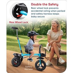 Babyhug Cruise Plug & Play Trike with Mild Steel Frame & Parental Handle Front & Rear Storage Basket with 3 Rubber Wheels with Foldable Foot Rest & Bell - Aqua Blue