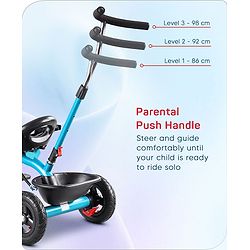 Babyhug Cruise Plug & Play Trike with Mild Steel Frame & Parental Handle Front & Rear Storage Basket with 3 Rubber Wheels with Foldable Foot Rest & Bell - Aqua Blue