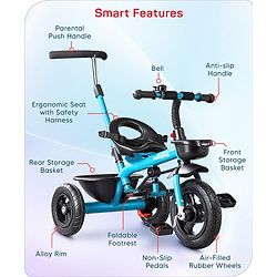 Babyhug Cruise Plug & Play Trike with Mild Steel Frame & Parental Handle Front & Rear Storage Basket with 3 Rubber Wheels with Foldable Foot Rest & Bell - Aqua Blue