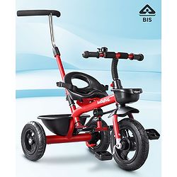 Babyhug Cruise Plug & Play Trike with Mild Steel Frame & Parental Handle Front & Rear Storage Basket with 3 Rubber Wheels with Foldable Foot Rest & Bell  - Red
