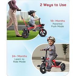 Babyhug Cruise Plug & Play Trike with Mild Steel Frame & Parental Handle Front & Rear Storage Basket with 3 Rubber Wheels with Foldable Foot Rest & Bell  - Red