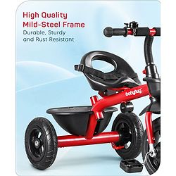 Babyhug Cruise Plug & Play Trike with Mild Steel Frame & Parental Handle Front & Rear Storage Basket with 3 Rubber Wheels with Foldable Foot Rest & Bell  - Red