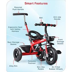 Babyhug Cruise Plug & Play Trike with Mild Steel Frame & Parental Handle Front & Rear Storage Basket with 3 Rubber Wheels with Foldable Foot Rest & Bell  - Red