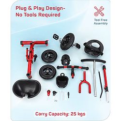 Babyhug Cruise Plug & Play Trike with Mild Steel Frame & Parental Handle Front & Rear Storage Basket with 3 Rubber Wheels with Foldable Foot Rest & Bell  - Red
