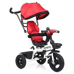 Babyhug Hermes Glider Plug & Play Trike with 360° Rotatable Seat & Parental Handle with Canopy Rubber Wheels & Storage Baskets with Bell - White Red