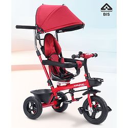 Babyhug Hermes Glider 5 in1 Multifunctional Kids Plug & Play Trike|360° Rotatable Seat|Rubber Wheels with Brakes|Parental Handle with Canopy |Safety Harness|Storage Basket for Boys & Girls-Red
