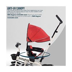 Babyhug Hermes Glider Plug & Play Trike with 360° Rotatable Seat & Parental Handle with Canopy Rubber Wheels & Storage Baskets with Bell - White Red