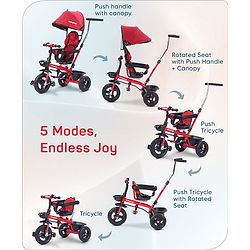Babyhug Hermes Glider 5 in1 Multifunctional Kids Plug & Play Trike|360° Rotatable Seat|Rubber Wheels with Brakes|Parental Handle with Canopy |Safety Harness|Storage Basket for Boys & Girls-Red