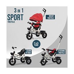 Babyhug Hermes Glider Plug & Play Trike with 360° Rotatable Seat & Parental Handle with Canopy Rubber Wheels & Storage Baskets with Bell - White Red