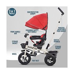 Babyhug Hermes Glider Plug & Play Trike with 360° Rotatable Seat & Parental Handle with Canopy Rubber Wheels & Storage Baskets with Bell - White Red