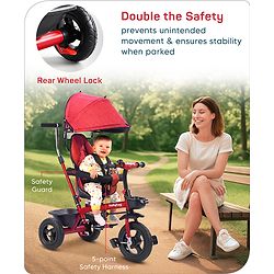 Babyhug Hermes Glider 5 in1 Multifunctional Kids Plug & Play Trike|360° Rotatable Seat|Rubber Wheels with Brakes|Parental Handle with Canopy |Safety Harness|Storage Basket for Boys & Girls-Red