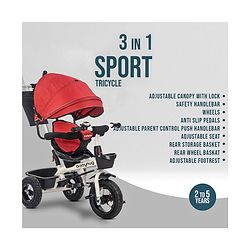 Babyhug Hermes Glider Plug & Play Trike with 360° Rotatable Seat & Parental Handle with Canopy Rubber Wheels & Storage Baskets with Bell - White Red