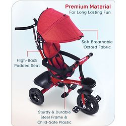 Babyhug Hermes Glider 5 in1 Multifunctional Kids Plug & Play Trike|360° Rotatable Seat|Rubber Wheels with Brakes|Parental Handle with Canopy |Safety Harness|Storage Basket for Boys & Girls-Red