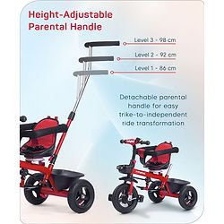Babyhug Hermes Glider 5 in1 Multifunctional Kids Plug & Play Trike|360° Rotatable Seat|Rubber Wheels with Brakes|Parental Handle with Canopy |Safety Harness|Storage Basket for Boys & Girls-Red