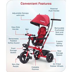 Babyhug Hermes Glider 5 in1 Multifunctional Kids Plug & Play Trike|360° Rotatable Seat|Rubber Wheels with Brakes|Parental Handle with Canopy |Safety Harness|Storage Basket for Boys & Girls-Red