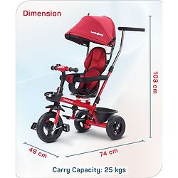 Babyhug Hermes Glider 5 in1 Multifunctional Kids Plug & Play Trike|360° Rotatable Seat|Rubber Wheels with Brakes|Parental Handle with Canopy |Safety Harness|Storage Basket for Boys & Girls-Red