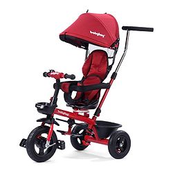 Babyhug Hermes Glider 5 in1 Multifunctional Kids Plug & Play Trike|360° Rotatable Seat|Rubber Wheels with Brakes|Parental Handle with Canopy |Safety Harness|Storage Basket for Boys & Girls-Red