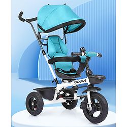 Babyhug Hermes Glider Plug & Play Trike with 360° Rotatable Seat & Parental Handle with Canopy Rubber Wheels & Storage Baskets with Bell - White Blue