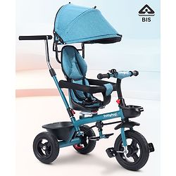 Babyhug Hermes Glider 5 in1 Multifunctional Kids Plug & Play Trike|360° Rotatable Seat|Rubber Wheels with Brakes|Parental Handle with Canopy |Safety Harness|Storage Basket for Boys & Girls-Red