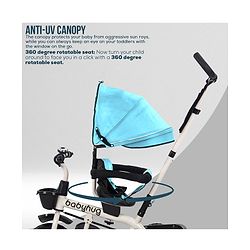 Babyhug Hermes Glider Plug & Play Trike with 360° Rotatable Seat & Parental Handle with Canopy Rubber Wheels & Storage Baskets with Bell - White Blue
