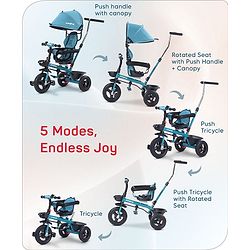 Babyhug Hermes Glider 5 in1 Multifunctional Kids Plug & Play Trike|360° Rotatable Seat|Rubber Wheels with Brakes|Parental Handle with Canopy |Safety Harness|Storage Basket for Boys & Girls-Red
