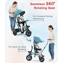 Babyhug Hermes Glider 5 in1 Multifunctional Kids Plug & Play Trike|360° Rotatable Seat|Rubber Wheels with Brakes|Parental Handle with Canopy |Safety Harness|Storage Basket for Boys & Girls-Red