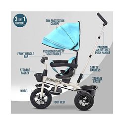 Babyhug Hermes Glider Plug & Play Trike with 360° Rotatable Seat & Parental Handle with Canopy Rubber Wheels & Storage Baskets with Bell - White Blue