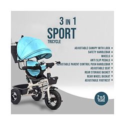 Babyhug Hermes Glider Plug & Play Trike with 360° Rotatable Seat & Parental Handle with Canopy Rubber Wheels & Storage Baskets with Bell - White Blue