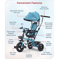 Babyhug Hermes Glider 5 in1 Multifunctional Kids Plug & Play Trike|360° Rotatable Seat|Rubber Wheels with Brakes|Parental Handle with Canopy |Safety Harness|Storage Basket for Boys & Girls-Red