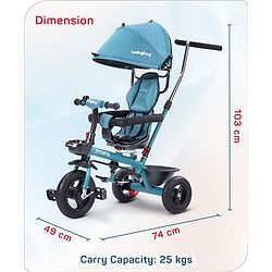 Babyhug Hermes Glider 5 in1 Multifunctional Kids Plug & Play Trike|360° Rotatable Seat|Rubber Wheels with Brakes|Parental Handle with Canopy |Safety Harness|Storage Basket for Boys & Girls-Red