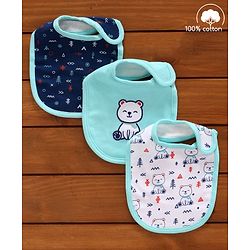 Babyhug Cotton Bibs Bear Embroidery Set of 3 - Blue & White