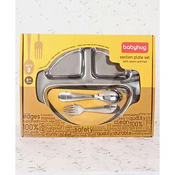 Babyhug Stainless Steel Section Plate Set With Spoon And Fork - Silver