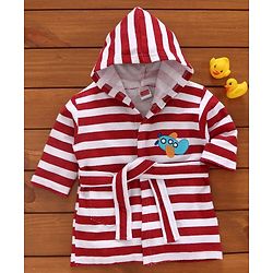 Babyhug Three Fourth Sleeves Striped Hooded Bathrobe - Red White