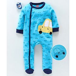Babyhug Full Sleeves Footed Cotton Sleepsuit Car Patch - Aqua Blue