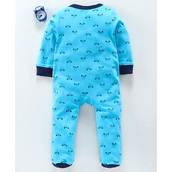 Babyhug Full Sleeves Footed Cotton Sleepsuit Car Patch - Aqua Blue
