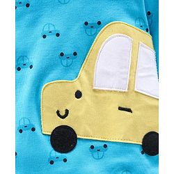 Babyhug Full Sleeves Footed Cotton Sleepsuit Car Patch - Aqua Blue