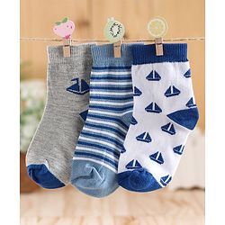 Cute Walk by Babyhug Ankle Length Non Terry Anti-bacterial Stripes & Boat Design Socks Pack of 3 Pairs - Blue Grey