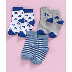 Cute Walk by Babyhug Ankle Length Non Terry Anti-bacterial Stripes & Boat Design Socks Pack of 3 Pairs - Blue Grey