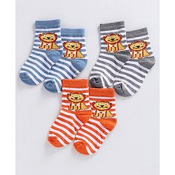 Cute Walk by Babyhug Ankle Length Striped Socks Lion Design - Orange Blue Grey