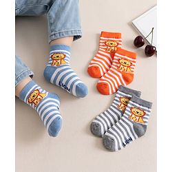 Cute Walk by Babyhug Ankle Length Striped Socks Lion Design - Orange Blue Grey