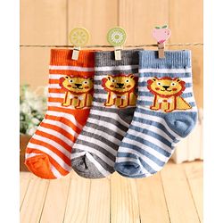 Cute Walk by Babyhug Ankle Length Striped Socks Lion Design - Orange Blue Grey