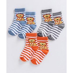 Cute Walk by Babyhug Ankle Length Striped Socks Lion Design - Orange Blue Grey