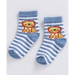 Cute Walk by Babyhug Ankle Length Striped Socks Lion Design - Orange Blue Grey