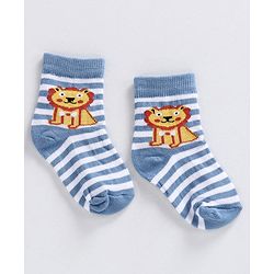 Cute Walk by Babyhug Ankle Length Striped Socks Lion Design - Orange Blue Grey