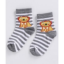 Cute Walk by Babyhug Ankle Length Striped Socks Lion Design - Orange Blue Grey