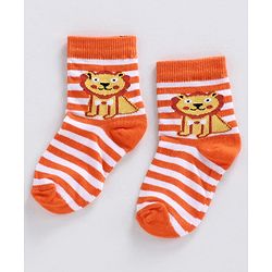 Cute Walk by Babyhug Ankle Length Striped Socks Lion Design - Orange Blue Grey