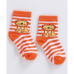 Cute Walk by Babyhug Ankle Length Striped Socks Lion Design - Orange Blue Grey
