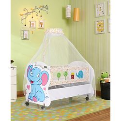 Babyhug Little Elephant Wooden Cradle with Wheels & Big Storage Drawers For Toys - Blue White