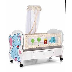Babyhug Little Elephant Wooden Cradle with Wheels & Big Storage Drawers For Toys - Blue White