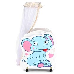 Babyhug Little Elephant Wooden Cradle with Wheels & Big Storage Drawers For Toys - Blue White